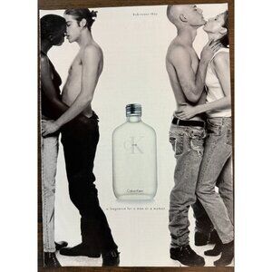 Vtg 1995 Calvin Klein CK One Topless Guy Kiss Girl Advertisement Print Ad